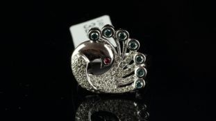 Ruby and diamond peacock ring, the body of the peacock set with ring brilliant cut diamonds, with