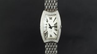 LADIES' BEDAT & CO DIAMOND SET WRISTWATCH, rounded rectangular dial with Roman numerals and gun