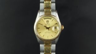 GENTLEMEN'S TUDOR DATE DAY OYSTER PRINCE BI METAL REF. 94613, circular champagne dial with gold