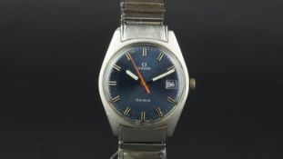 GENTLEMEN'S OMEGA GENEVE WRISTWATCH, circular blue dial with two tone baton hour markers and a