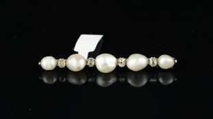 French natural pearl and diamond brooch, five graduated natural saltwater pearls, spaced with old