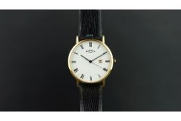 GENTLEMEN'S ROTARY WRISTWATCH WITH BOX, circular white dial with Roman numerals and date aperture at