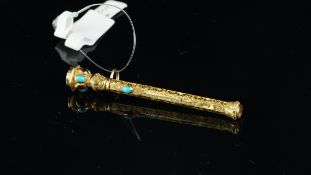 Gold pencil, chalcedony plain seal to one end, set with cabochon garnets and turquoise, engraved