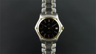 GENTLEMEN'S EBEL BI COLOUR AUTOMATIC WRISTWATCH, circular black dial with gold Roman numerals and