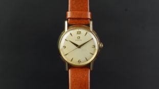 GENTLEMEN'S OMEGA 14K GOLD VINTAGE WRISTWATCH CIRCA 1956, circular off white dial with gold hour