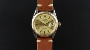 GENTLEMEN'S ROLEX OYSTER PERPETUAL DATEJUST PIE PAN BI METAL WRISTWATCH REF. 1601, circular gold pie