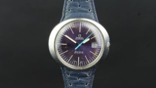 GENTLEMEN'S OMEGA DYNAMIC WRISTWATCH, oval purple dial with baton hour markers and blue second,