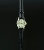 LADIES' OMEGA GENEVE WRISTWATCH, circular silver dial with gold hour markers in a 21mm stainless