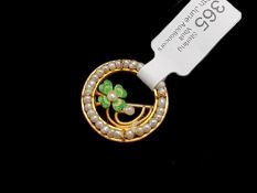 Enamel and seed pearl clover brooch, central pearl and green enamel clover, set within a seed