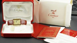LADIES' MUST DE CARTIER TANK W/ BOX & PAPERS, rectangular gold dial with inner minute track and