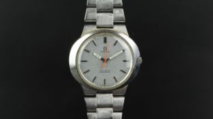 GENTLEMEN'S OMEGA DYNAMIC WRISTWATCH, oval grey dial with baton hour markers and orange second,