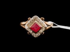 Synthetic ruby and diamond ring, central square cut synthetic ruby, surrounded by round cut