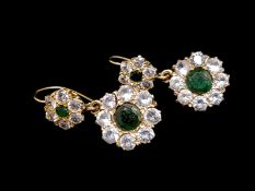 Emerald and white stone cluster drop earrings, double cluster, each with a central round emerald,