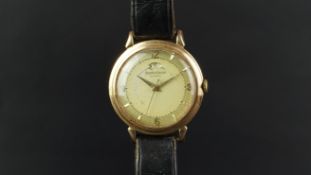 GENTLEMEN'S JAEGER LE COULTRE 9K GOLD WRISTWATCH, circular aged dial with gold baton hour markers