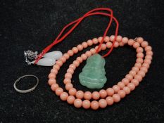 Selection of jewellery, including a bead necklace, a jade pendant, a 9ct gold ring and a pair of