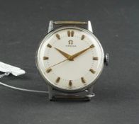 GENTS OMEGA DRESS WATCH, circular off white dial with gold hour markers and hands, 35mm stainless