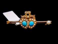 Turquoise and pearl double heart brooch, mounted in yellow metal, one pearl missing