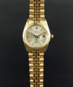 GENTS ROLEX OYSTER PERPETUAL DATE 18K GOLD ARABIC AIR FORCE DIAL WATCH, circular silver dial with