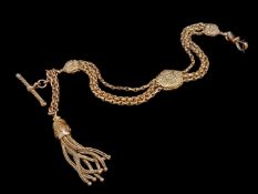 An antique gold Albert chain, designed as three circular panels, with three chains between, with
