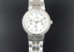 LADIES FOSSIL TRI CALENDAR WRISTWATCH, circular white triple register dial with hour markers and a