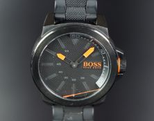 GENTS HUGO BOSS OVERSIZE WRISTWATCH, circular black dial with black and orange hands, 50mm PVD