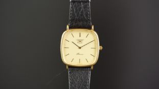 GENTS LONGINES RESENCE WRISTWATCH, rounded square gold dial with gold hour markers and black