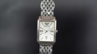 GENTS EMPORIO ARMANI WRISTWATCH, rectangular two tone white dial with silver hour markers and a date