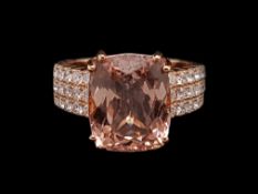 Morganite and diamond ring, 7.99ct fancy rectangular cut morganite, with three rows of round