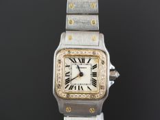 LADIES CARTIER STEEL AND GOLD DIAMOND SET SANTOS REF. 1565, square off white dial with roman