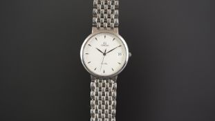 MID SIZE OMEGA DE VILLE WRISTWATCH, circular silver dial with silver hour markers and a date