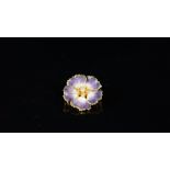 Enamel and diamond flower brooch, six round brilliant cut diamonds set to the centre, with purple to