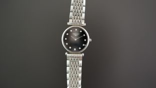 LADIES LONGINE LE GRANDE WRISTWATCH, circular black dial with diamond dot hour markers, 24mm