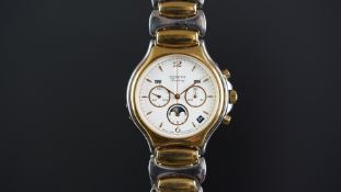 RARE GENTS ZENITH ACADEMY CHRONOGRAPH CALENDAR MOONPHASE STEEL AND GOLD WRISTWATCH, circular white