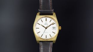 GENTS OMEGA GENEVE WRISTWATCH, circular silver dial with gold hour markers and a date aperture, 35mm