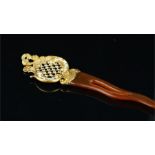 French enamel and gold hair slide, ornate gold top with blue and white enamel detail, with a pressed