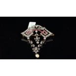 Art Nouveau ruby, diamond and pearl pendant brooch, designed as a geometric panel set with old cut