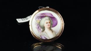 Enamel portrait brooch, painted on porcelain, rose metal frame, stamped and tested as 9ct