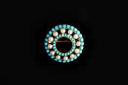 Turquoise and pearl brooch, circular design with two rows of cabochon cut turquoise, separated by