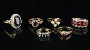 Selection of six diamond and gem set rings, all mounted in yellow metal, stamped, tested or