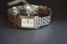 LADIES' LONGINES DOLCEVITA WRITWATCH, rectangular white dial with silver hands and a sub dial,