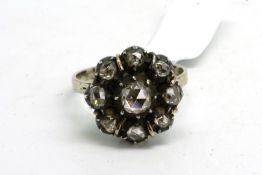 Georgian rose cut diamond cluster ring, daisy cluster of rose cut diamonds, mounted in white metal