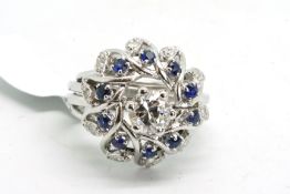 Sapphire and diamond ring, designed as a central single stone diamond ring, old cut diamond,