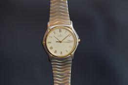 GENTLEMEN'S BI-COLOUR STAINLESS STEEL/18ct GOLD EBEL QUARTZ DATE, REF 14618969, round white dial,