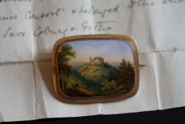 Swiss enamel scenic brooch, depicting a hand painted image of Rosenau castle in Germany, with a hand