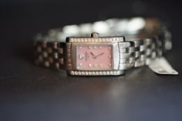 LADIES' LONGINES DOLCEVITA DIAMOND SET WRITWATCH, rectangular pink diamond dot dial with silver