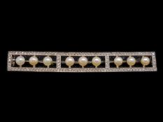 French pearl and diamond bar brooch, nine 3.6mm pearls, with rose cut diamonds, mounted in white