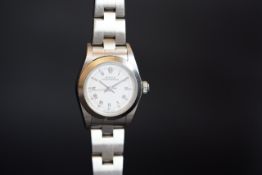 LADIES ROLEX OYSTER PERPETUAL, white dial with Roman numerals, polished bezel, stainless steel