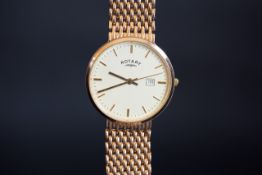 GENTLEMEN'S 9CT GOLD ROTARY QUARTZ DATE WRISTWATCH, round off-white dial with gold hands & batons,