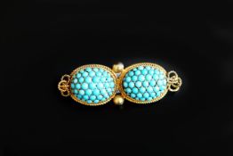 Victorian turquoise bar brooch, designed as two clusters of round cabochon cut turquoise with rope
