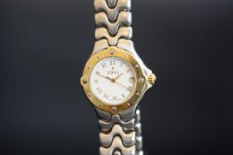 LADIES' BI-COLOUR EBEL SPORTWAVE QUARTZ DATE WRISTWATCH, REF E6087621, round white dial with gold